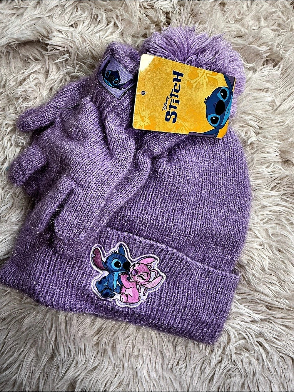Disney Stitch Purple Knit Hat with Mittens NWT